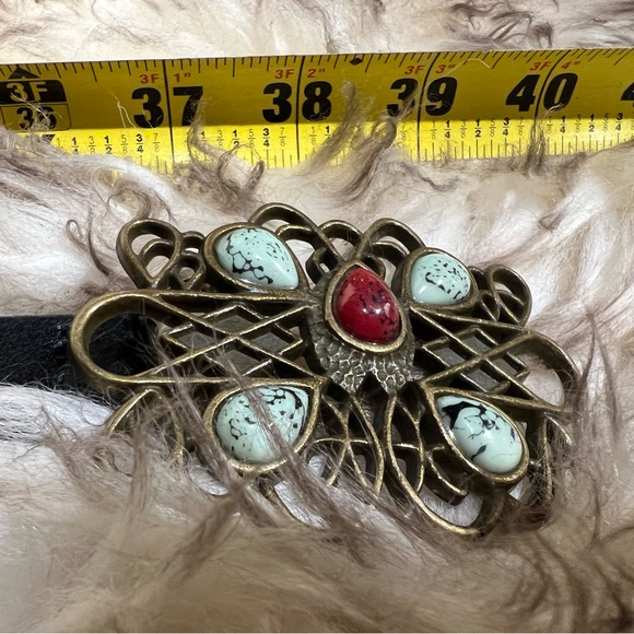 black leather western concho belt faux coral and turquoise stones scroll design - Picture 12 of 17